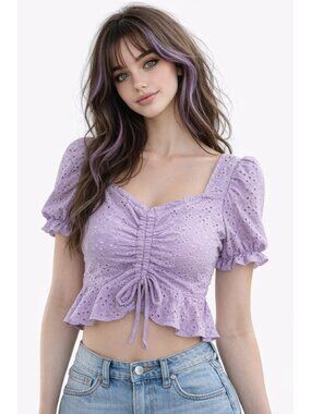 Shein Purple Eyelet Lace Crop Top Smocked Cottagecore Puff Sleeve S